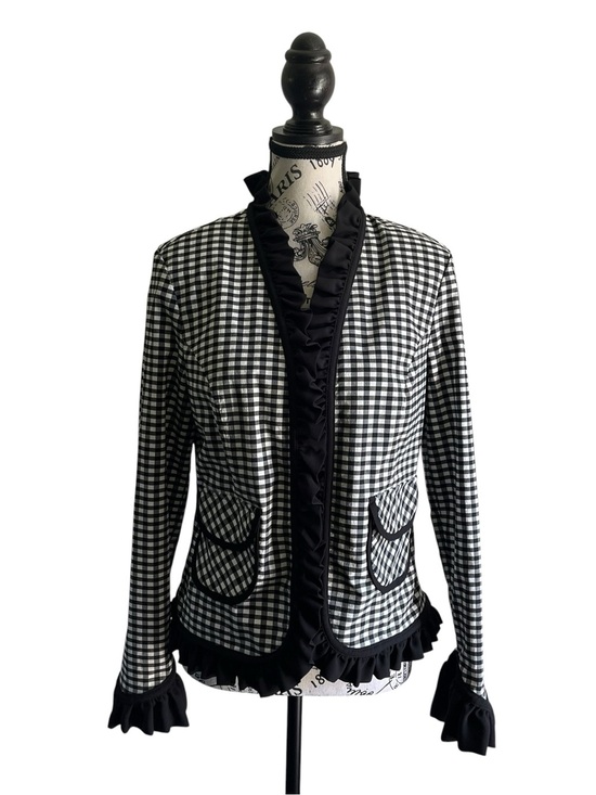Joseph Ribkoff Jackets & Blazers - 🇨🇦 RIBKOFF Vintage Gingham Ruffle Trim Blazer Jacket Black White Romantic Goth